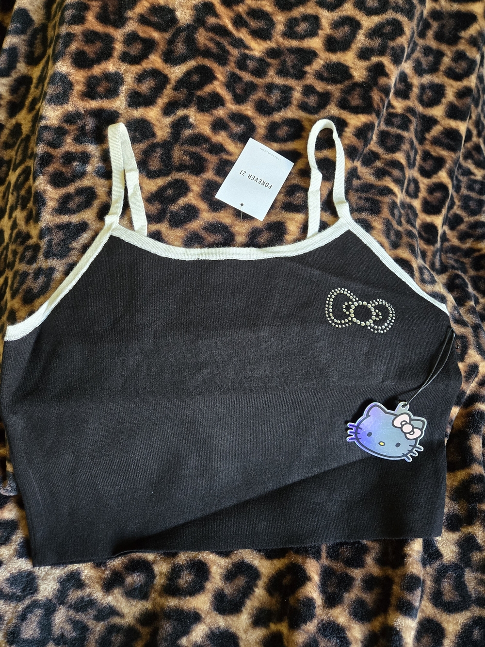 Hello Kitty X Forever 21 Black Knitted Crop Top with White Trim & Rhinestone Bow